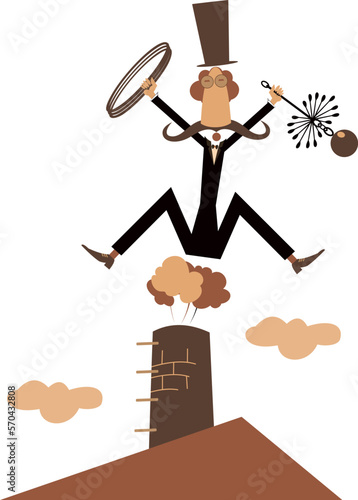 Funny long mustache chimney sweeper. 
Cartoon long mustache chimney sweeper in the top hat with the rope, chimney brush cleans a chimney. Isolated on white background
