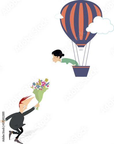 Love couple. Young woman flying away from the bridegroom on the air balloon.
Upset bridegroom trying to catch up a runaway bride on the air balloon
