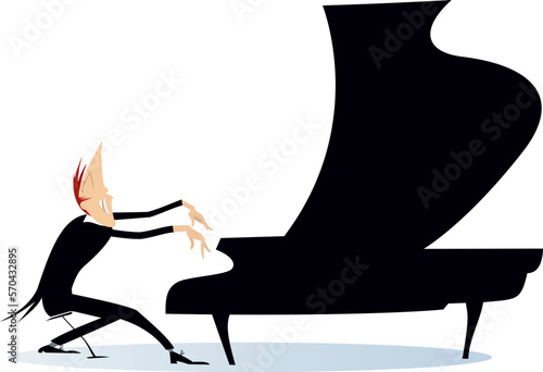 Illustration of young pianist man. 
Expressive pianist man playing piano with great inspiration. Isolated white illustration
