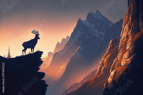 Proud deer on a mountain cliff at sunset, illustration, generative AI