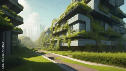 An overgrown green metropolis. People have left the city. Postapocalypse