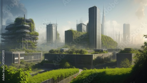 An overgrown green metropolis. People have left the city. Postapocalypse
