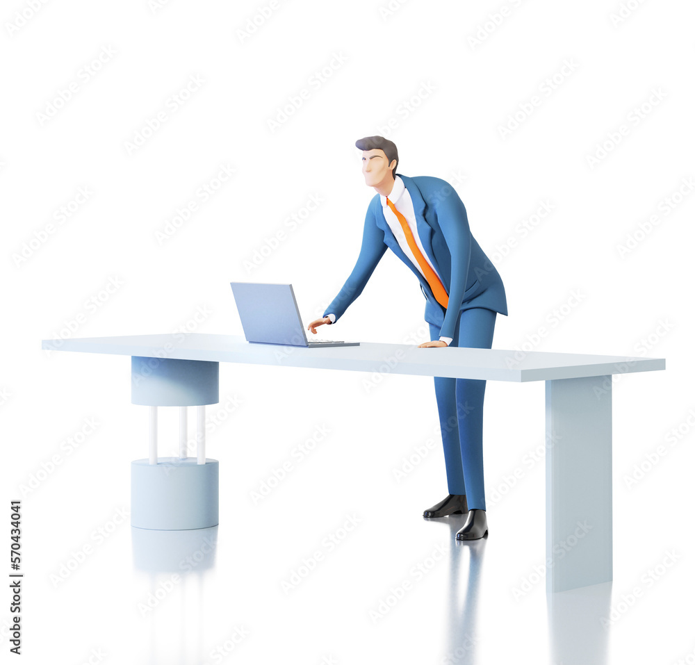 Successful businessman working in office by his desk. 3D rendering illustration 