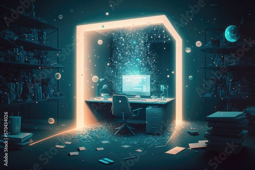 Futuristic workspace with sparkling particles floating out of glowing screen, ai © Michael