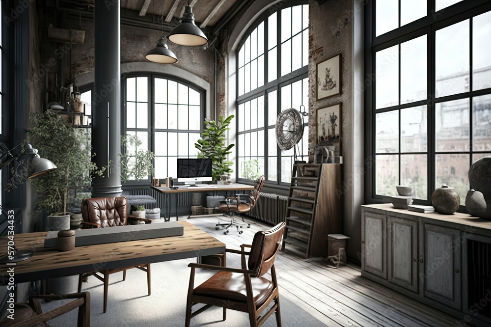Fototapeta premium Luxury workspace office decorated with industrial loft interior design, work from home, ai