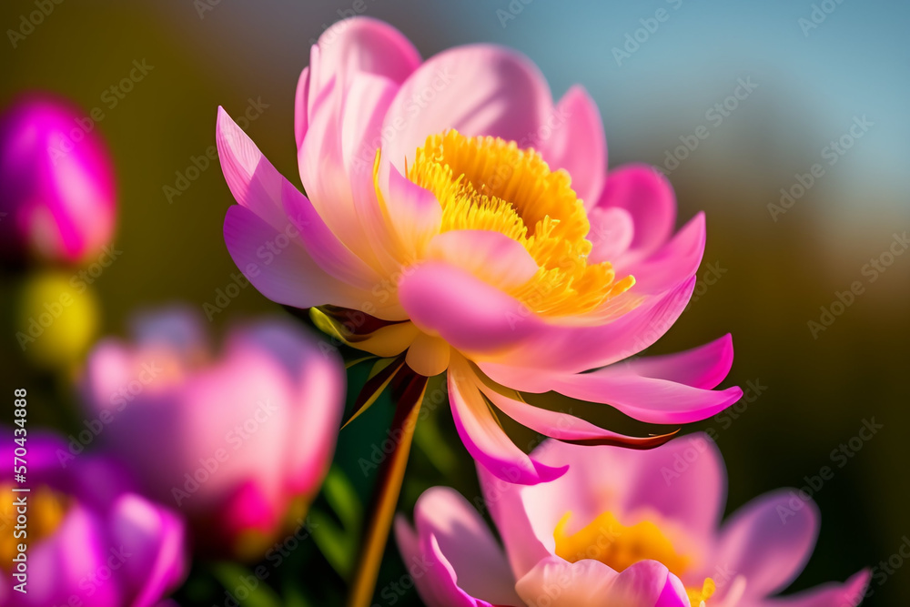 Fototapeta premium HERMOSA FLOR ROSADA, DALIA EN PRIMER PLANO, BOSQUE DE FLORES ROSADAS