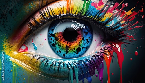 Human eye close up with colorful paint   ink splashes and drips  Generative AI