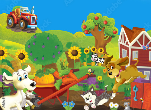 Fototapeta Naklejka Na Ścianę i Meble -  cartoon scene with farm ranch with different animals illustration for children