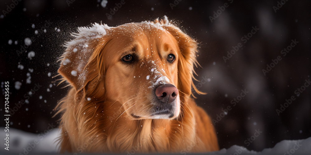 Golden retriever dog playing in the snow