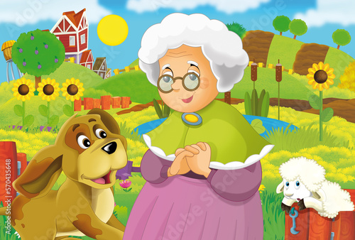 Fototapeta Naklejka Na Ścianę i Meble -  cartoon farm ranch scene with farmer woman girl different animals illustration for children