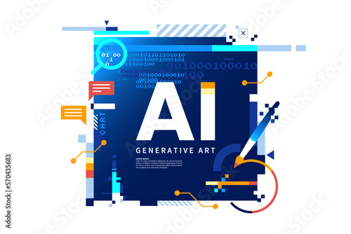 AI technology abstract background. AI generative art creative banner concept in digital glitch style. High tech poster with place for text. Futuristic design element. Vector eps 10