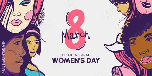 Women's day greeting banner design. Colorful illustration with female faces of different nationalities and congratulations text. 8 March banner concept. Beautiful womens in digital hand drawing style.