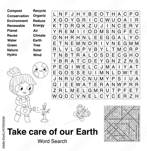 Word search. Earth day. Educational worksheet for children. Learn English. Zero waste. Coloring page. Printable puzzle. Vector illustration. © Kristina