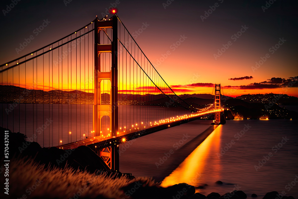 Fototapeta premium Golden Gate, San Franciso, at sunset. Generative AI