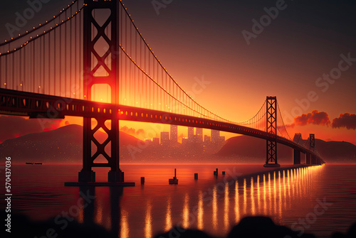 Golden Gate, San Franciso, at sunset. Generative AI © Farnaces