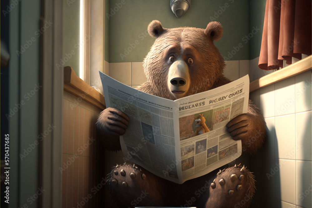 Bear reading newspaper in toilet cartoon genarative AI Stock