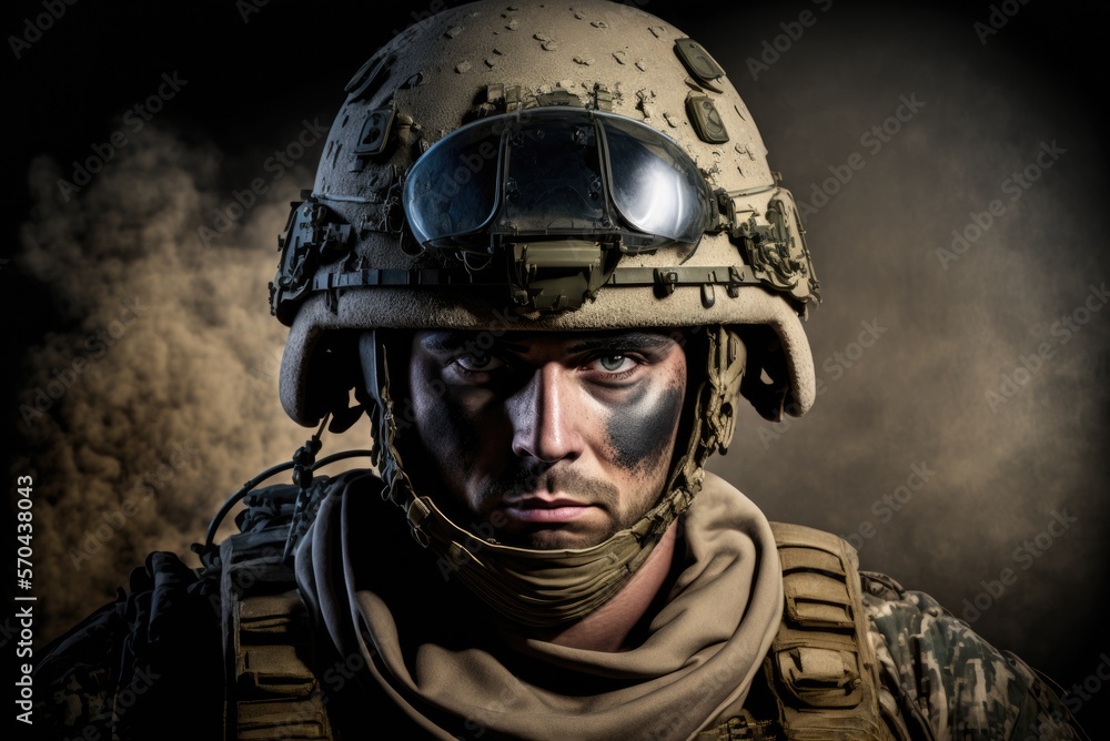 Close-up face portrait of serious soldier in sand uniform with helmet ready for defense before war. AI generative Close-up face portrait of serious soldier in sand uniform with helmet ready for defense before war. AI generative