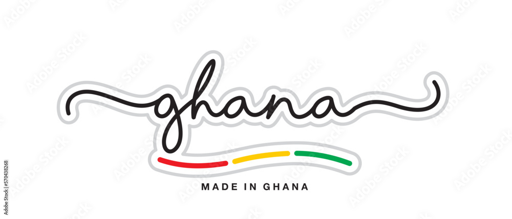Made in Ghana, new modern handwritten typography calligraphic logo sticker, abstract Ghana flag ribbon banner