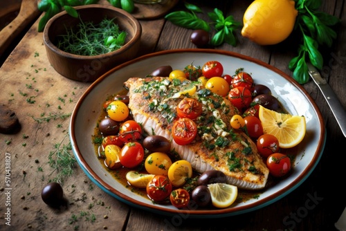 peixe grelhado, salmon grilled, dieta mediterrânea, mediterranean dish, legumes e frutos do mar, GENERATIVE AI photo