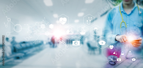 Double exposure Medicine doctor and health care.Health care with medical working in hospital.study,vaccine, rising growth.COVID-19. Photo Medical and technology concept.