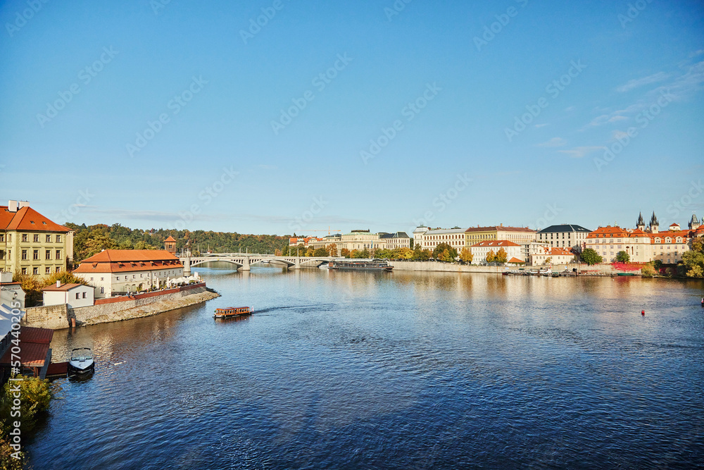 Panoramic view of pleasure boat on the Vltava river in Prague.