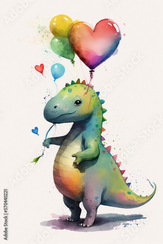 Generative AI extremelly cute dinosaur character with a heart-shape baloon