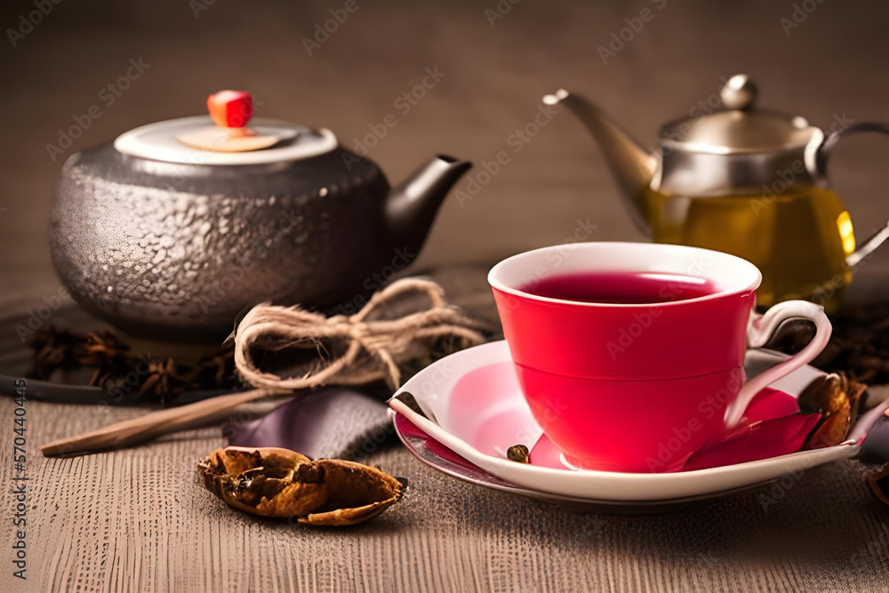 Fototapeta premium cup of tea. cup of tea on wooden table. cup of tea with sugar and mint. tea concept. tea. delicious tea. tea on table. served tea. AI generated.