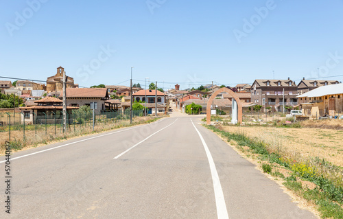 a paved road entering Santervás de Campos, Tierra de Campos, province of Valladolid, Castile and León, Spain