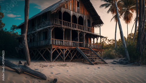 Wooden house on a tropical beach genarative AI photo