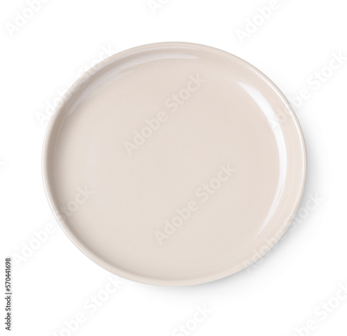 Empty beige ceramic plate isolated on white, top view