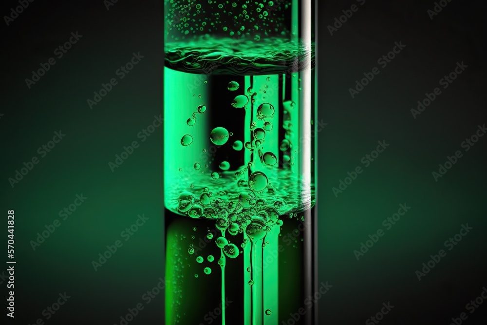 Close-up of test tube with green liquid indicating a positive reaction, concept of Chemical Reaction and Indicator Dye, created with Generative AI technology Close-up of test tube with green liquid indicating a positive reaction, concept of Chemical Reaction and Indicator Dye, created with Generative AI technology