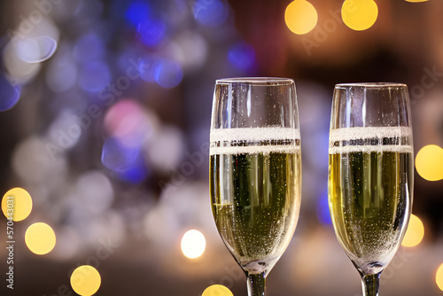 Two champagne glasses with sparkling wine, bokeh effect. Valentine's Day, New Year's Eve, wedding, birthday, party celebration. General ai.	