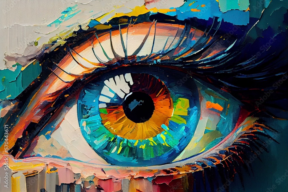 Oil painting in colorful colors. Closeup of palette knife and canvas. watercolor style. abstract painting of the eye. AI Generated