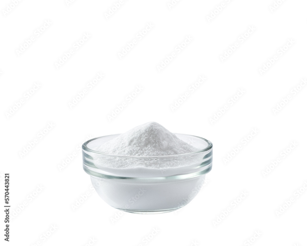 Glass bowl of baking soda isolated on white background. Glass bowl of sodium bicarbonate isolated on white background. Glass bowl of baking soda isolated on white background. Glass bowl of sodium bicarbonate isolated on white background.