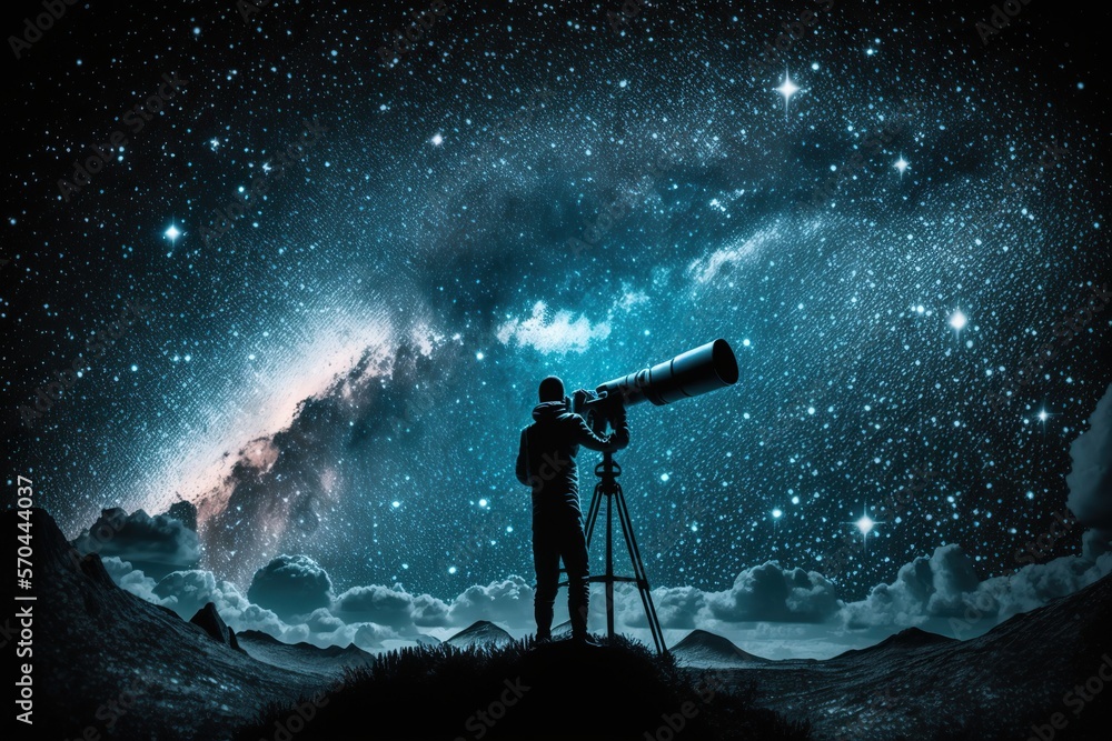 Scientist Looking Through A Telescope At A Night Sky Concept Of Scientist Looking Through A Telescope At A Night Sky Concept Of