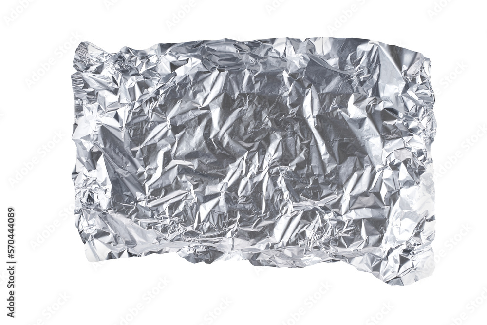 White shiny aluminum foil wrap isolated on a white background, top view ...