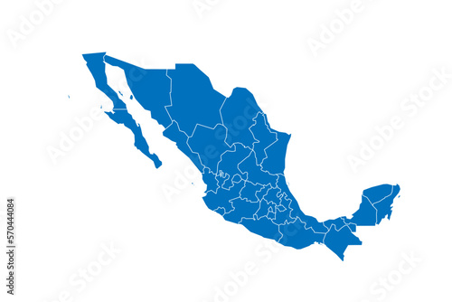 Mexico political map of administrative divisions - states and Mexico City. Solid blue blank vector map with white borders.