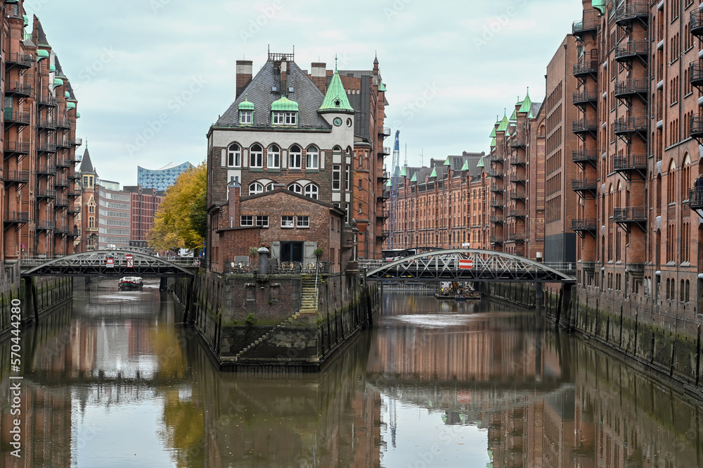 Hamburg, Germany: Buildings along the river canal.