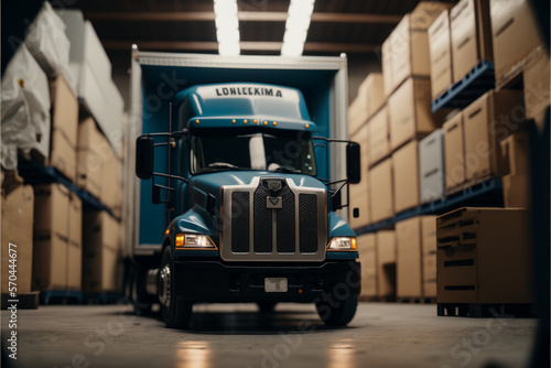 Truck inside warehouse full of box genarative AI photo