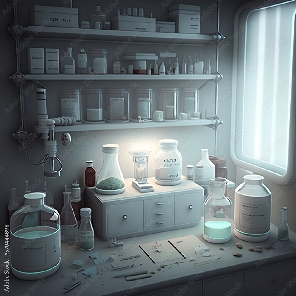 white laboratory table with flasks in cleanroom Stock Illustration ...