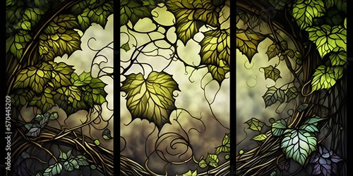 Stained glass window green ivy background created with AI photo