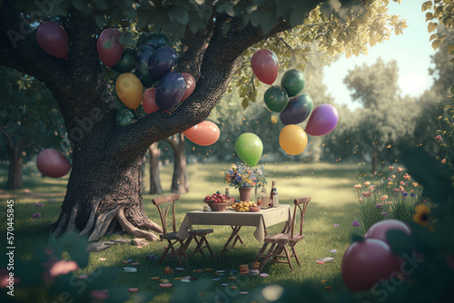 Garden picnic with tree party balloon genarative AI photo