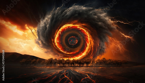 Big eye of fire swirl on horizon sky AI