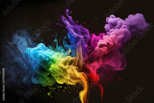 Colorful smoke on black background, Happy Holi, AI photo