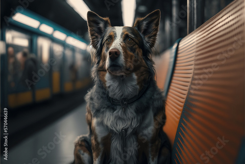 Sitting dog inside the subway genarative AI photo