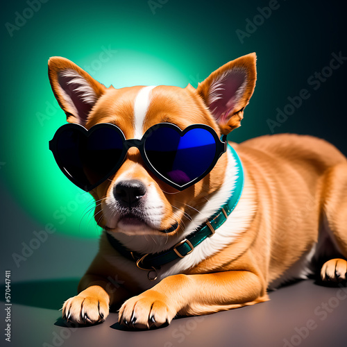 Cute puppy wearing heart-shaped sunglasses. Generative AI © Elvis