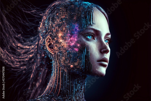 The Humanoid Cybernetic Girl representing The Future of High Speed Internet over Fiber Optic. Humanoid cybernetic girl with a neural network. High speed fiber optic internet concept. Generative AI.