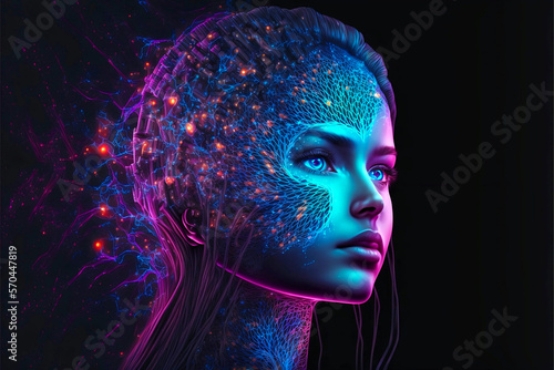 The Humanoid Cybernetic Girl representing The Future of High Speed Internet over Fiber Optic. Humanoid cybernetic girl with a neural network. High speed fiber optic internet concept. Generative AI.