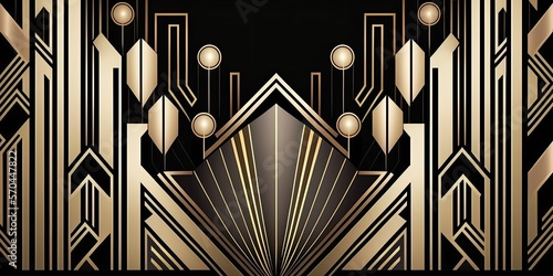 Abstract art deco. Great Gatsby 1920s geometric architecture background. Retro vintage black, gold, and silver roaring 20s texture.
