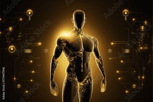 catena di blocchi AI primo piano di una silhouette maschile.L'uomo del futuro: la silhouette maschile integra circuiti elettronici, catene di blocchi e intelligenza artificiale. IA generativa. photo